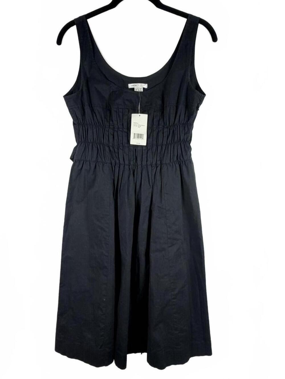 NEW Vince Black Smocked Waist Sleeveless Cotton Poplin Dress Size 2
